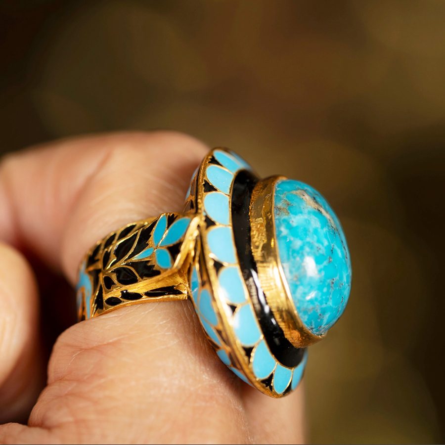 Turquoise Blue & Black Enamel Ring