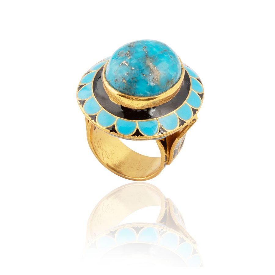 Turquoise Blue & Black Enamel Ring