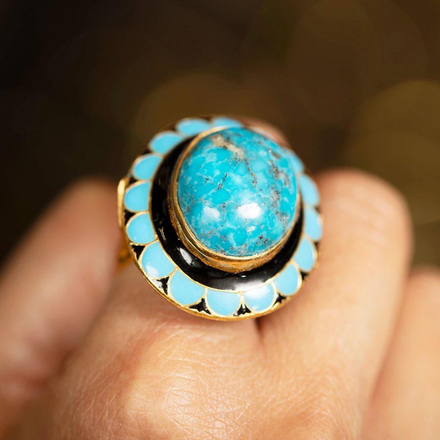 Turquoise Blue & Black Enamel Ring - Image 6