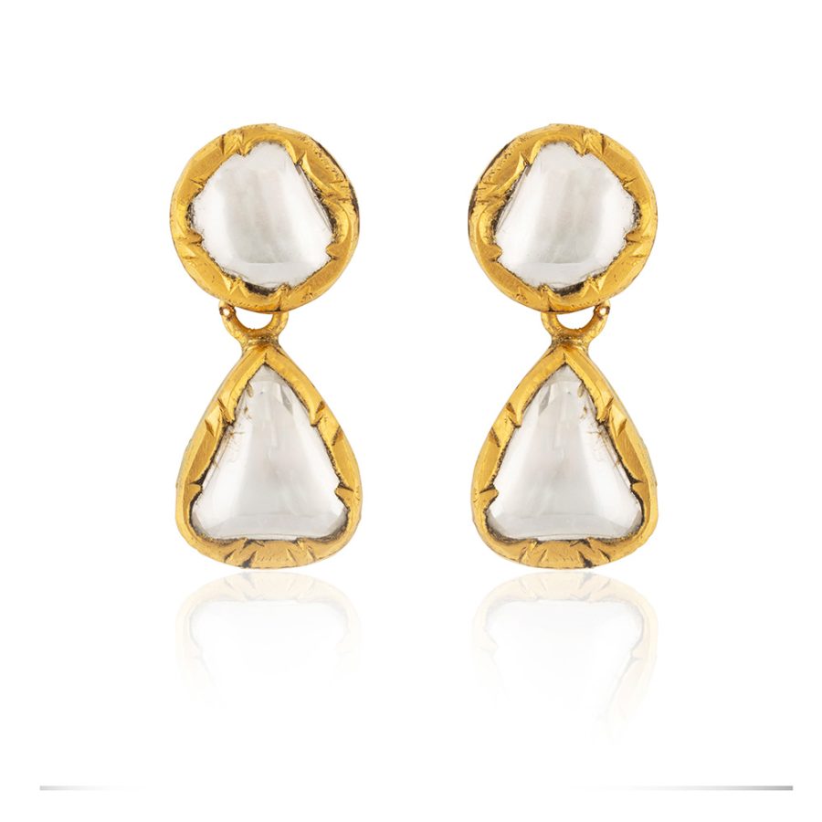 ‘Jodha’ 22kt Heirloom Classic Double Drop Raw Sliced Diamond Drop Earrings