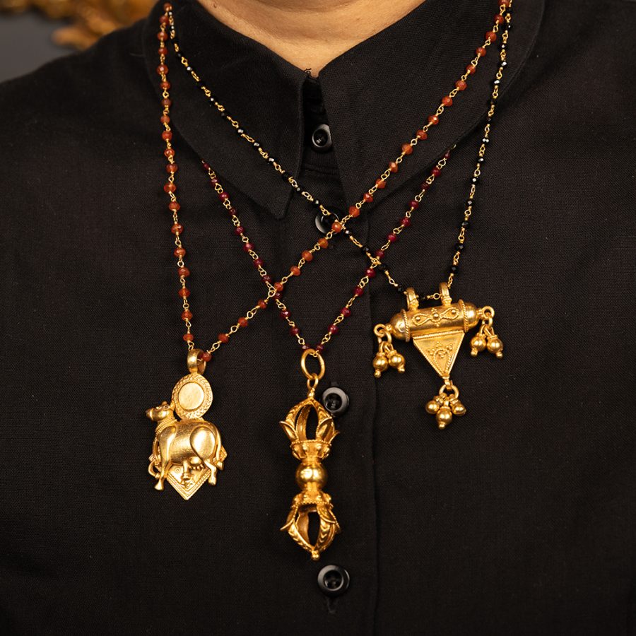 Prayer Amulet Pendant Necklace with Garnet Stone Detail