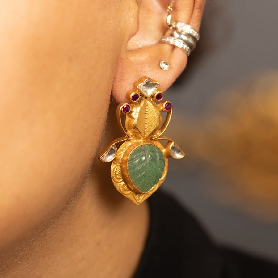 Heritage Carved Strawberry Quartz Bee Earrings