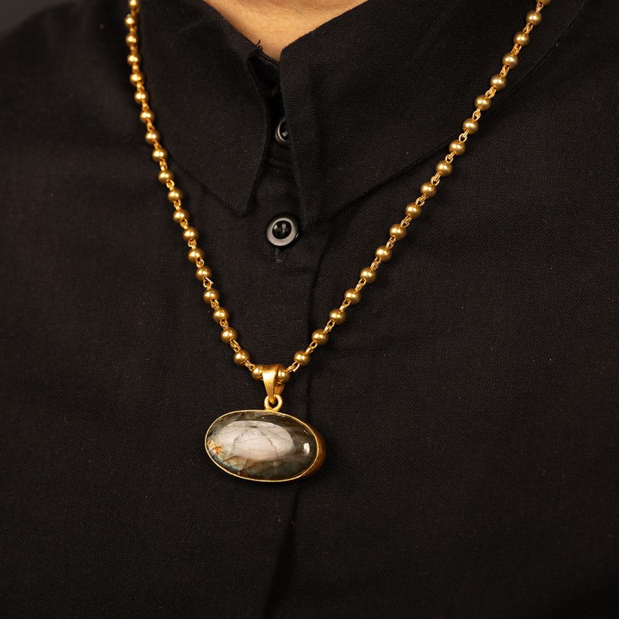 Gold Ball Carved Labradorite Pendant Necklace