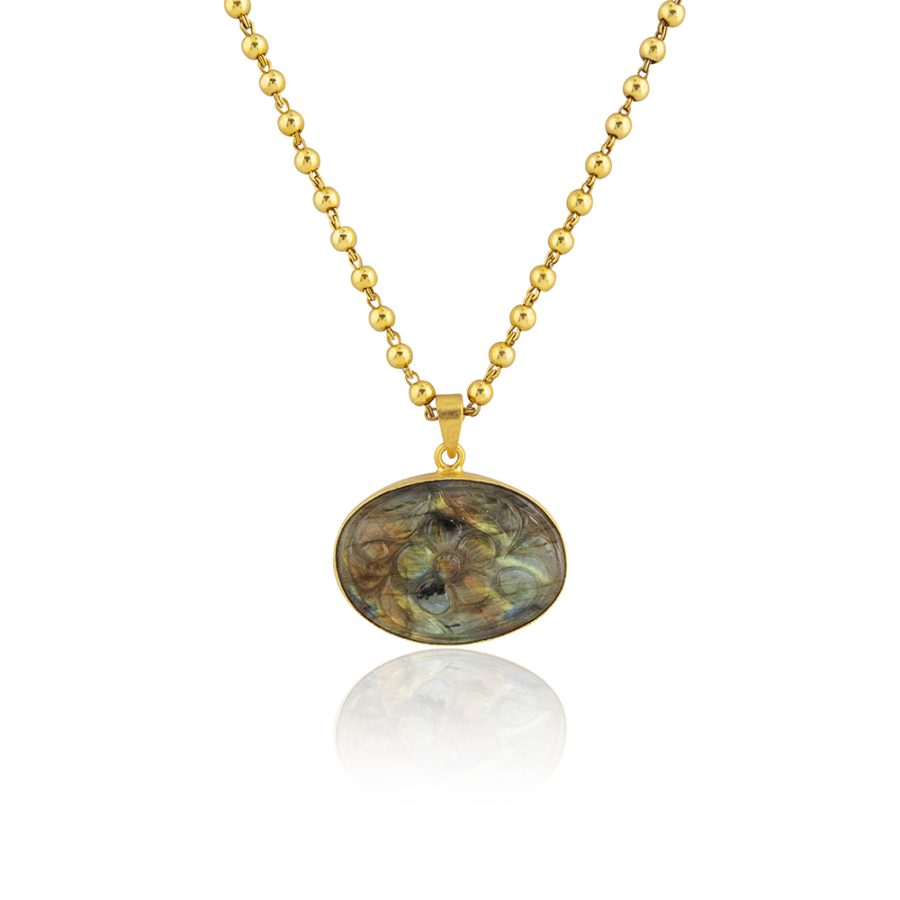 Gold Ball Carved Labradorite Pendant Necklace