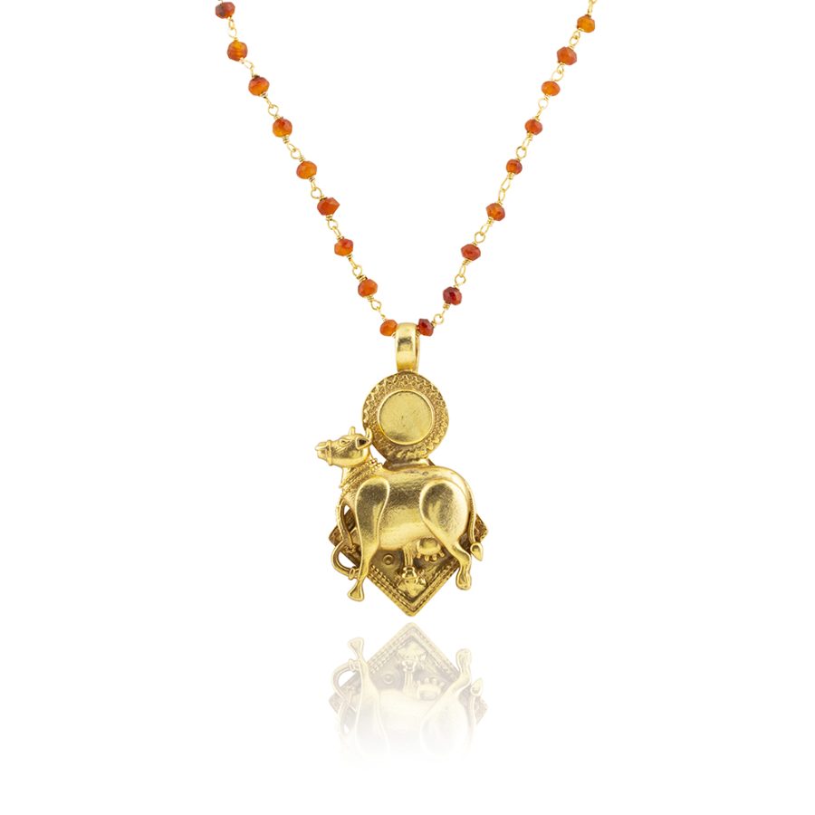 Holy Cow Amulet Pendant Necklace with Carnelian Stone Detail