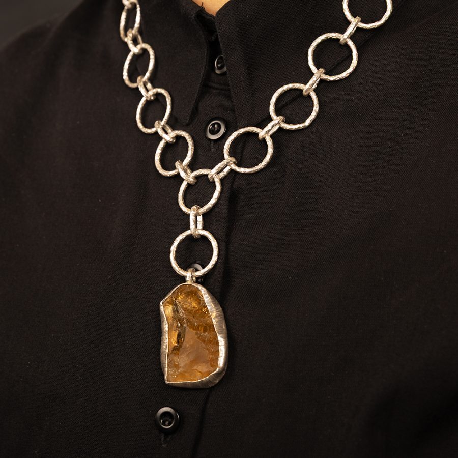 Silver Link Chain with Natural Citrine Stone