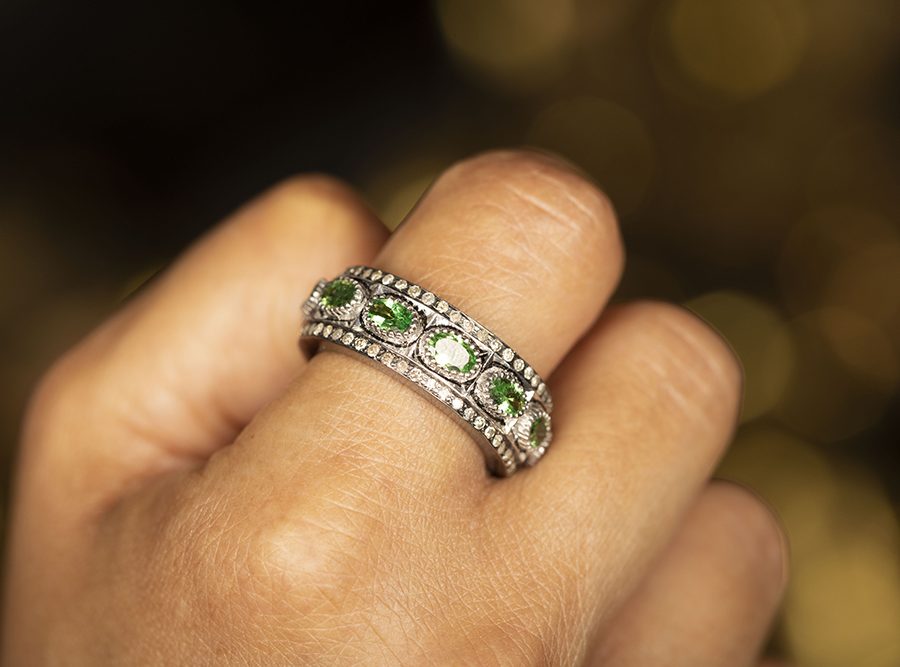 Classic 15th Century Green Garnet & Diamond Ring Band