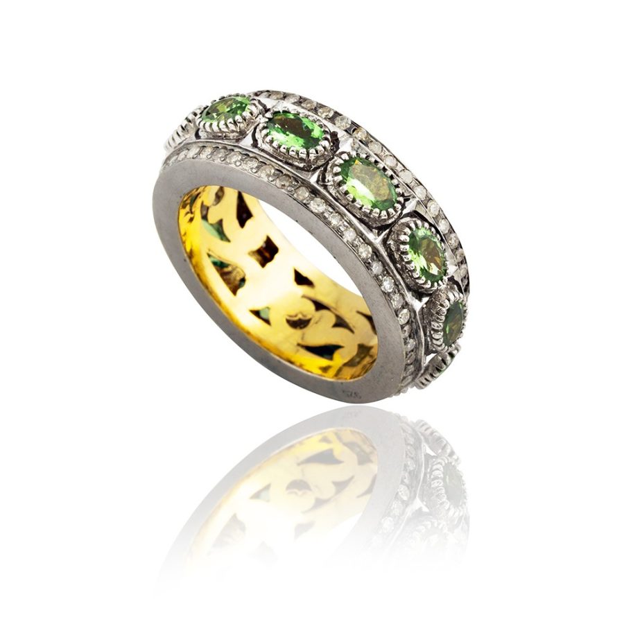Classic 15th Century Green Garnet & Diamond Ring Band