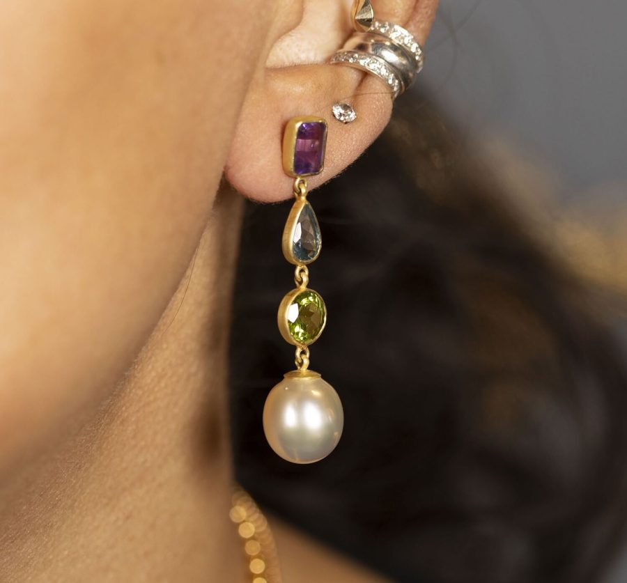 Heirloom 18kt Gold, Aquamarine, Amethyst, Peridot & Pearl Drop Earrings - Image 2