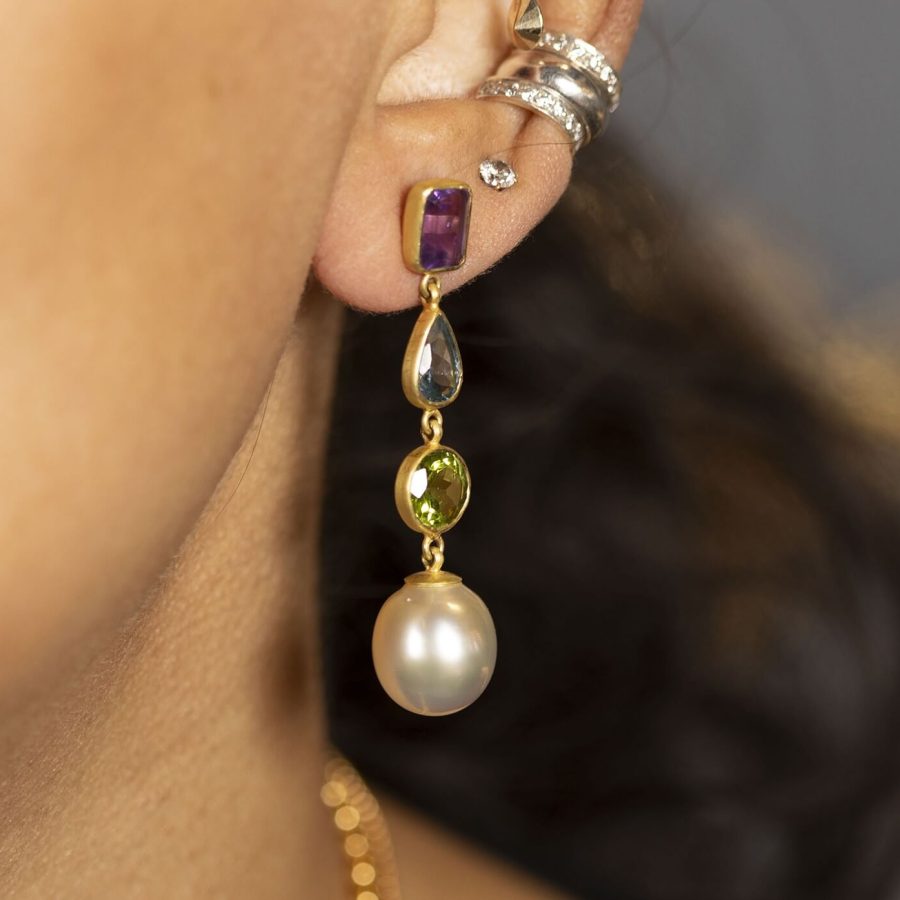 Heirloom 18kt Gold, Aquamarine, Amethyst, Peridot & Pearl Drop Earrings