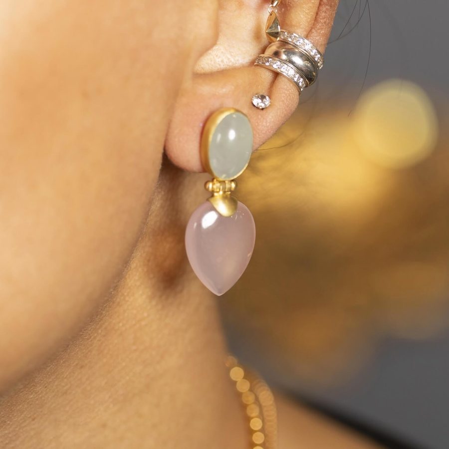 Heirloom 18kt Gold Aquamarine & Rose Quartz Drop Earrings