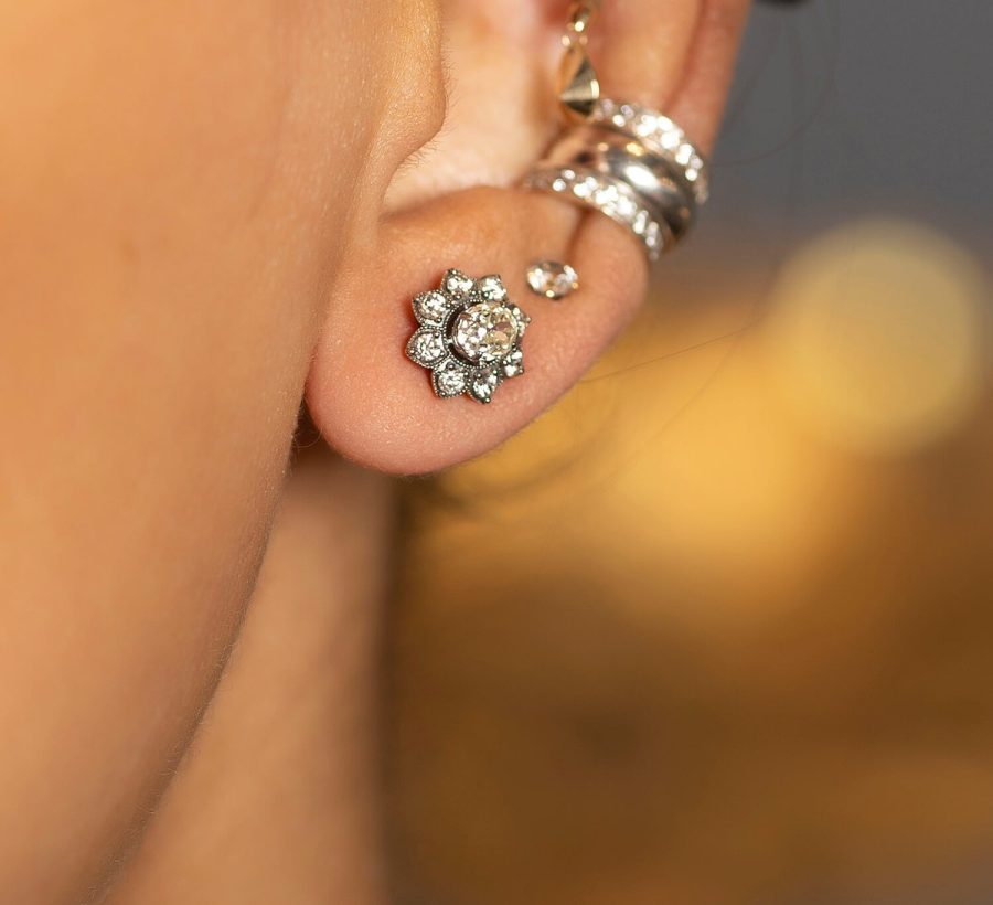 18kt Gold Old Mine Cut Diamond Stud Earrings - Image 2