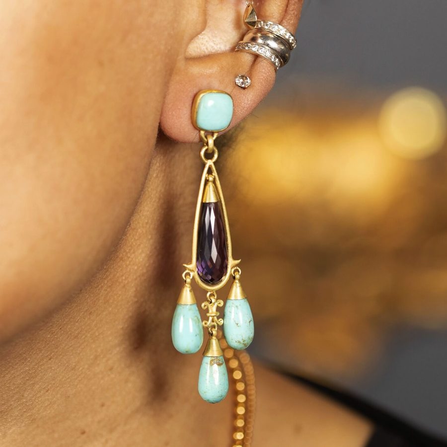 Heirloom 18kt Gold Turquoise & Amethyst Drop Earrings