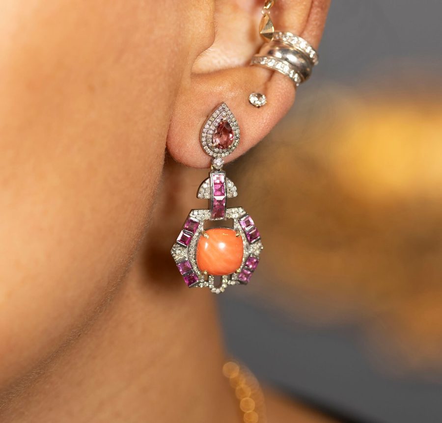 Art Deco Tourmaline & Coral Earrings - Image 2