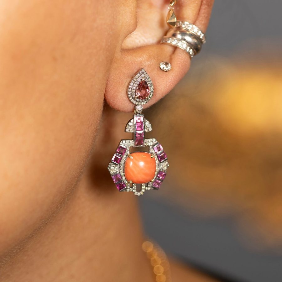 Art Deco Tourmaline & Coral Earrings