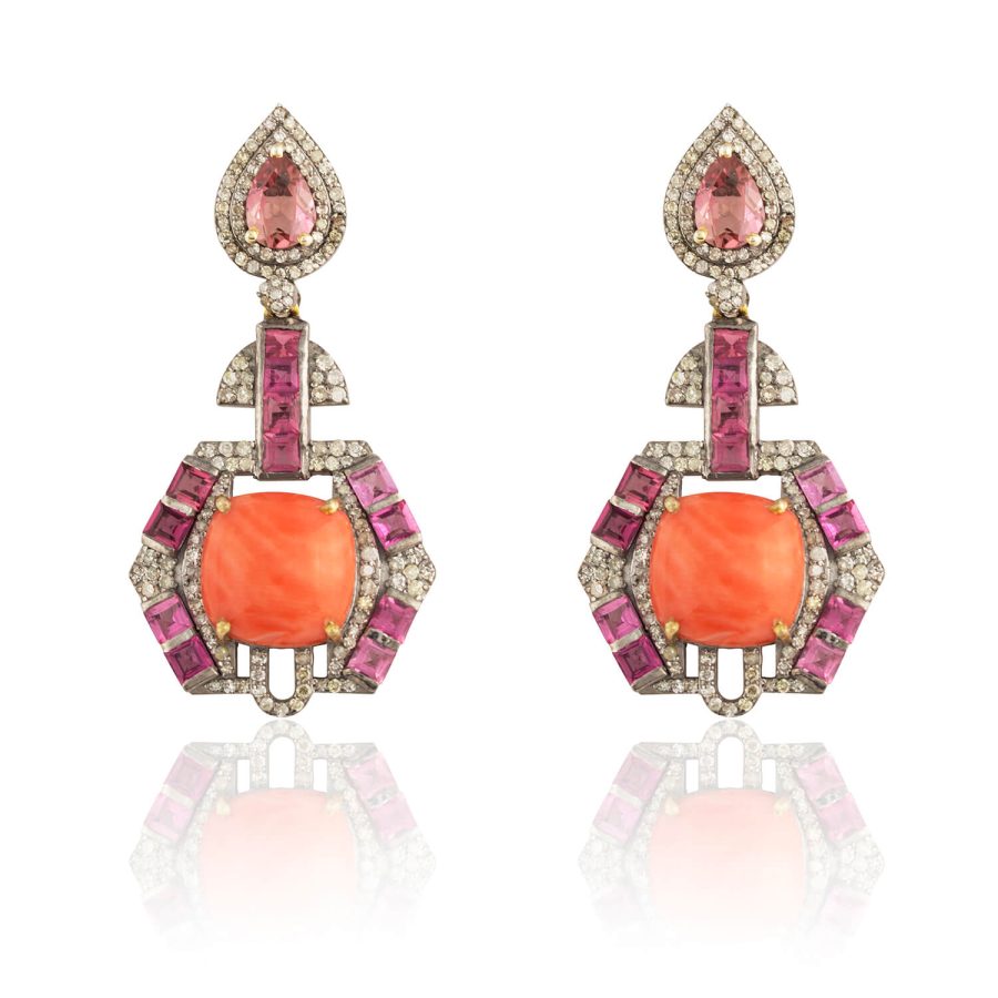 Art Deco Tourmaline & Coral Earrings