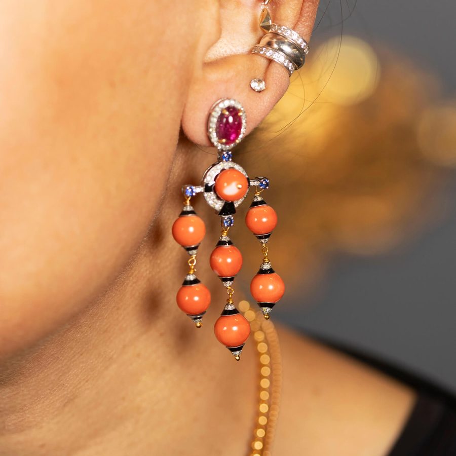 Coral, Tourmaline & Sapphire Chandelier Drop Earrings