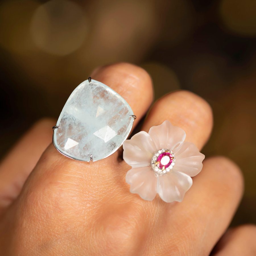 Flower Carved Crystal Quartz, Ruby Ring