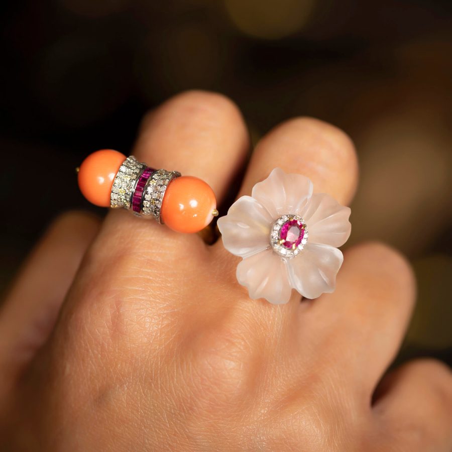 Coral, Ruby & Diamond Ring