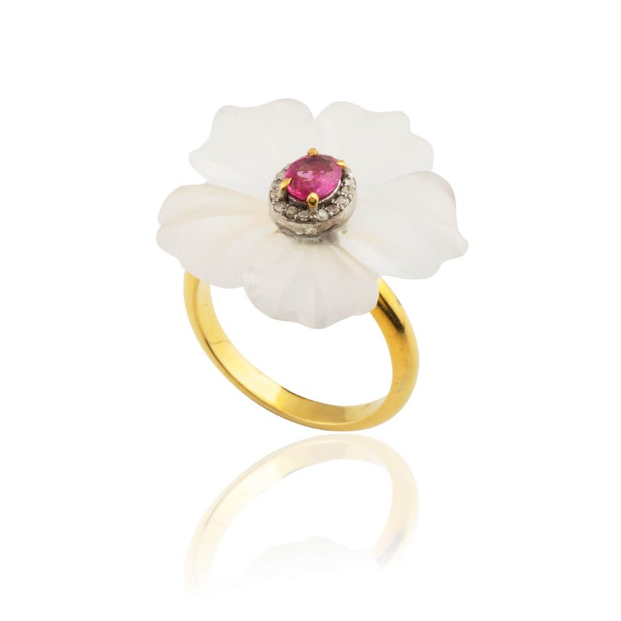 Flower Carved Crystal Quartz, Ruby Ring