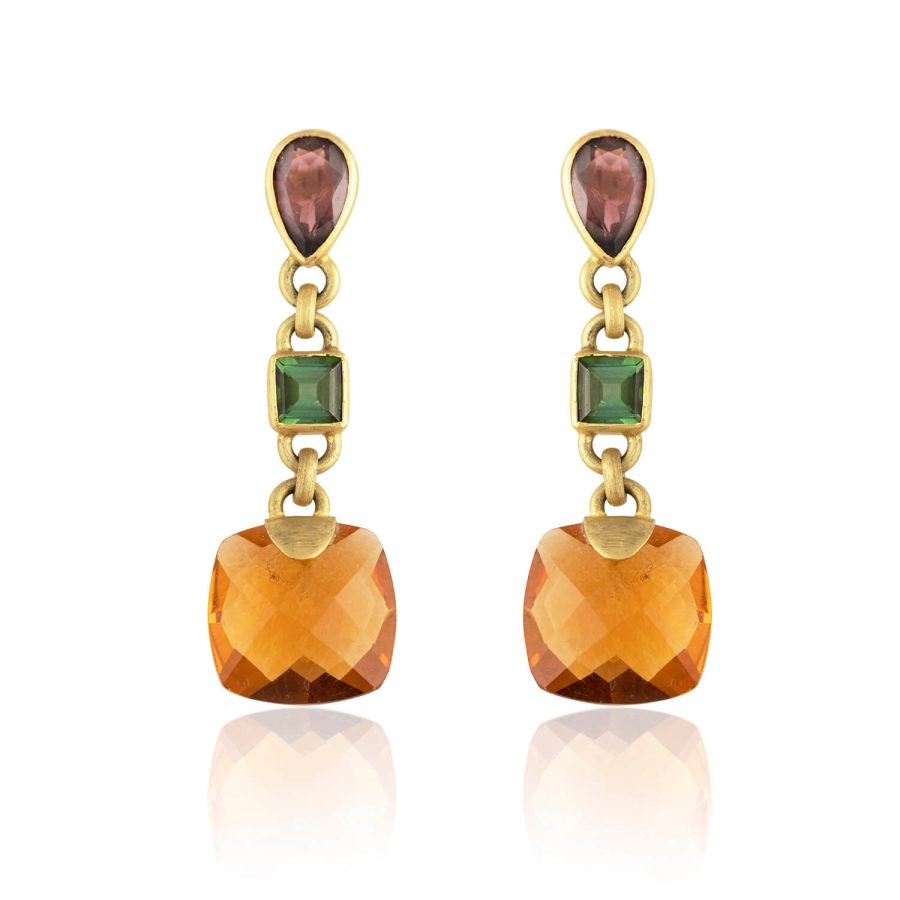 Heirloom 18Kt Gold Citrine & Tourmaline Drop Earrings
