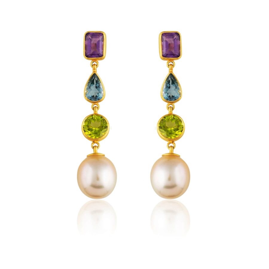 Heirloom 18kt Gold, Aquamarine, Amethyst, Peridot & Pearl Drop Earrings