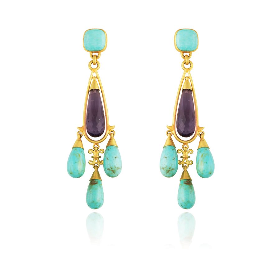 Heirloom 18kt Gold Turquoise & Amethyst Drop Earrings