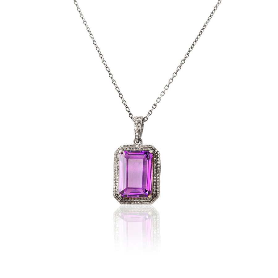 Purple Amethyst & Diamond Pendant Necklace