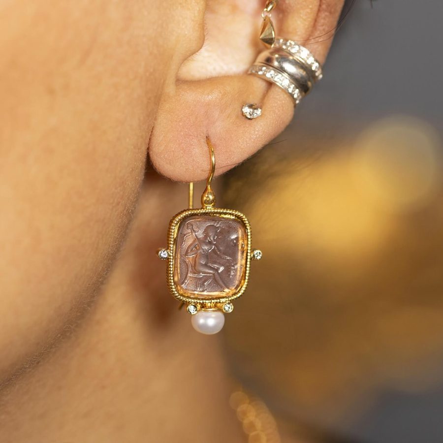 Smokey Quartz Shade Intaglio Pearl Drop Earrings