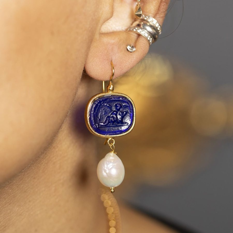 Royal Blue Intaglio Pearl Drop Earrings