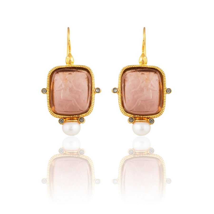 Smokey Quartz Shade Intaglio Pearl Drop Earrings
