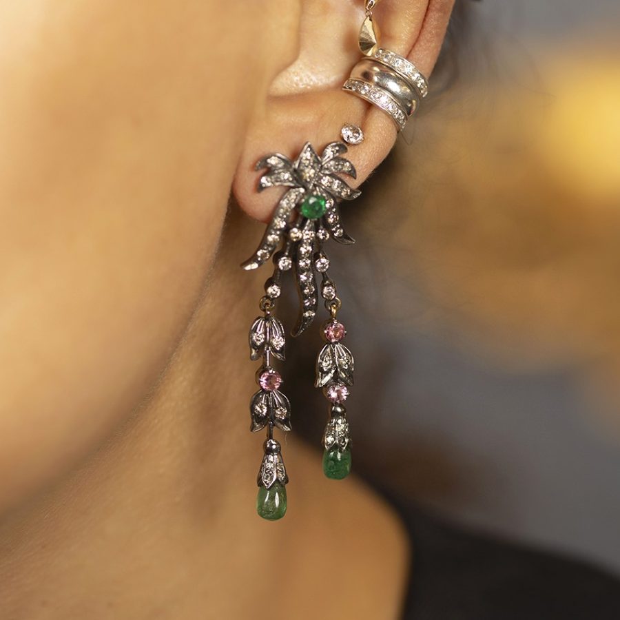 17th Century Bow Earrings with Tourmalines, Emerald & Diamonds