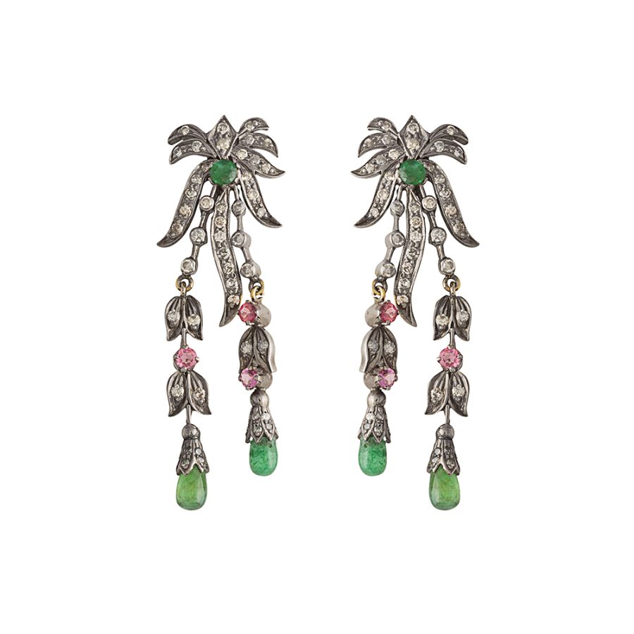 17th Century Bow Earrings with Tourmalines, Emerald & Diamonds