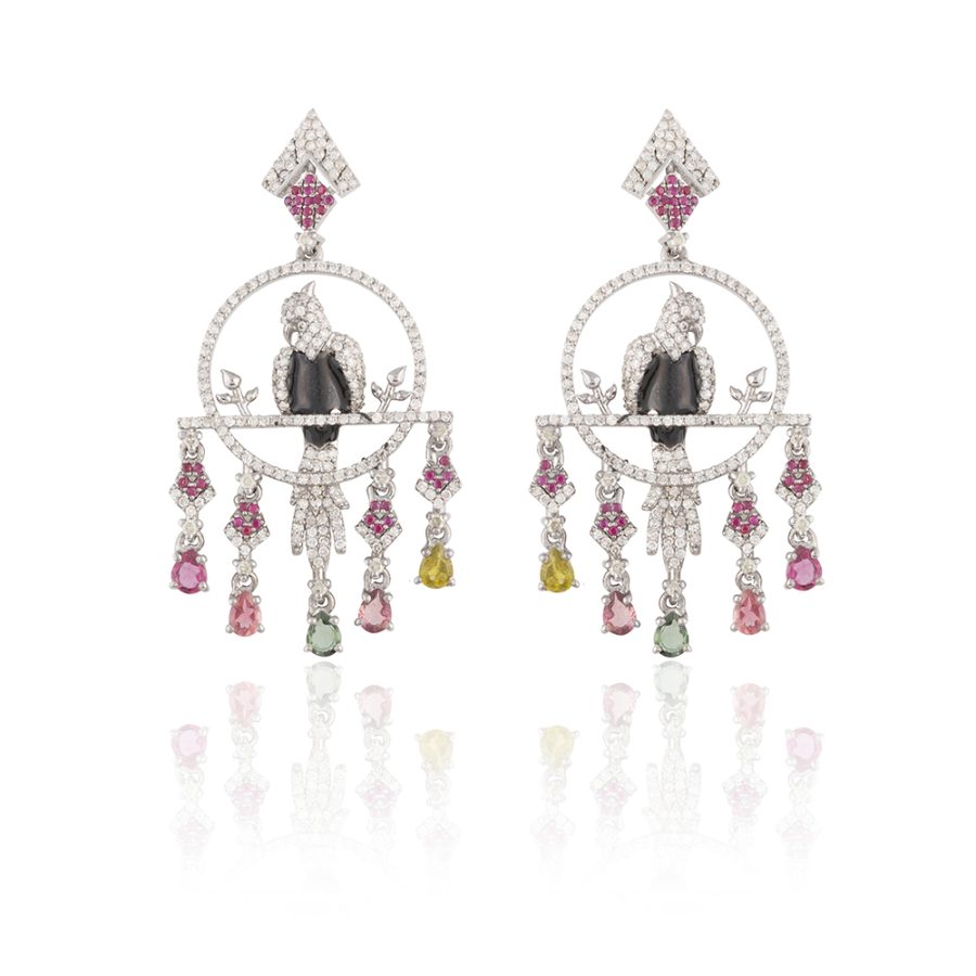 Bird Ruby, Tourmaline, Onyx, Diamond Drop Earrings