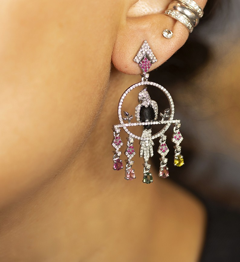 Bird Ruby, Tourmaline, Onyx, Diamond Drop Earrings