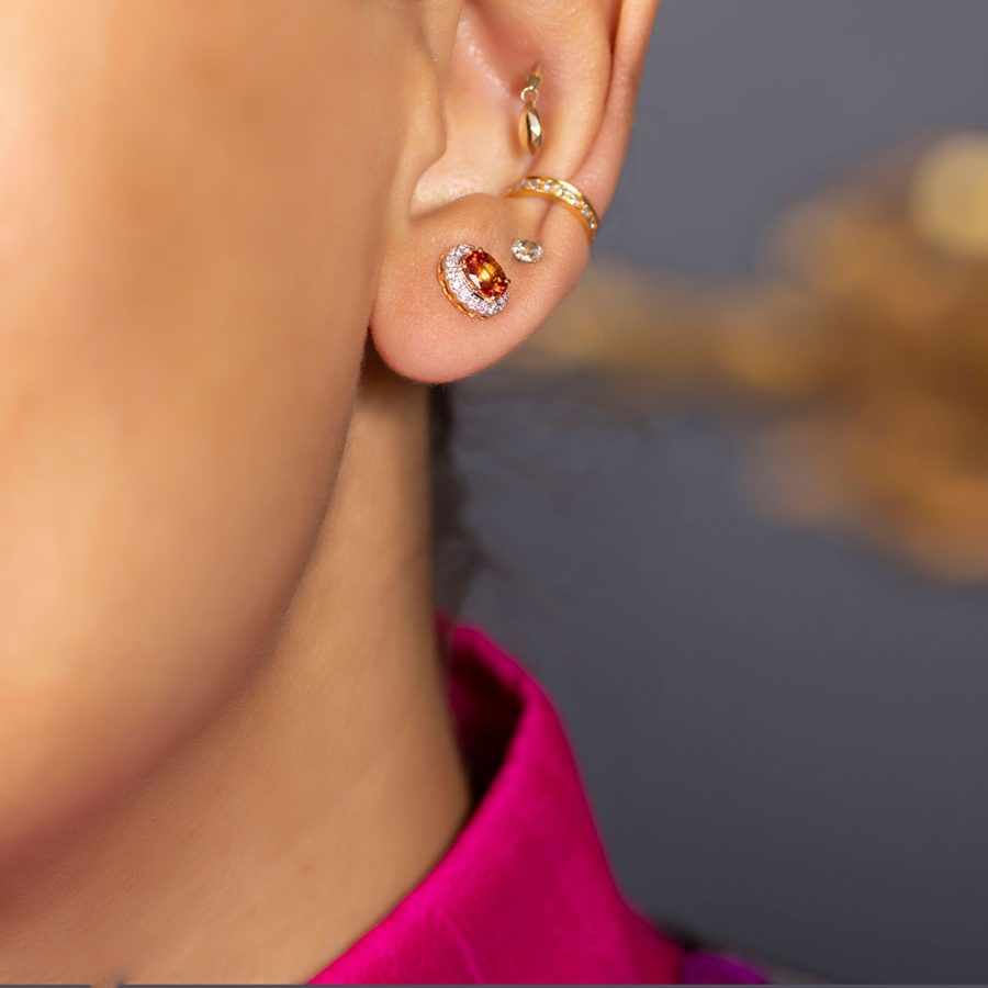 Classic Simple Orange Sapphire & Diamond Stud Earrings