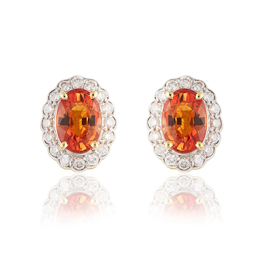 Classic Simple Orange Sapphire & Diamond Stud Earrings