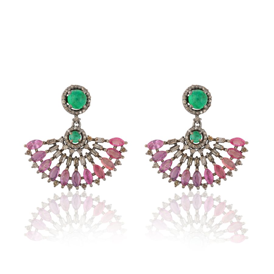 Emerald, Ruby, Diamond Half Moon Drop Earrings