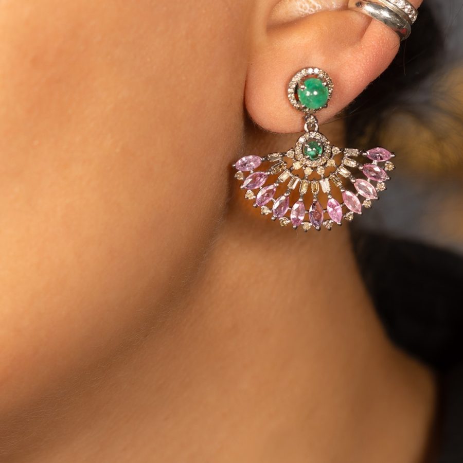 Emerald, Ruby, Diamond Half Moon Drop Earrings