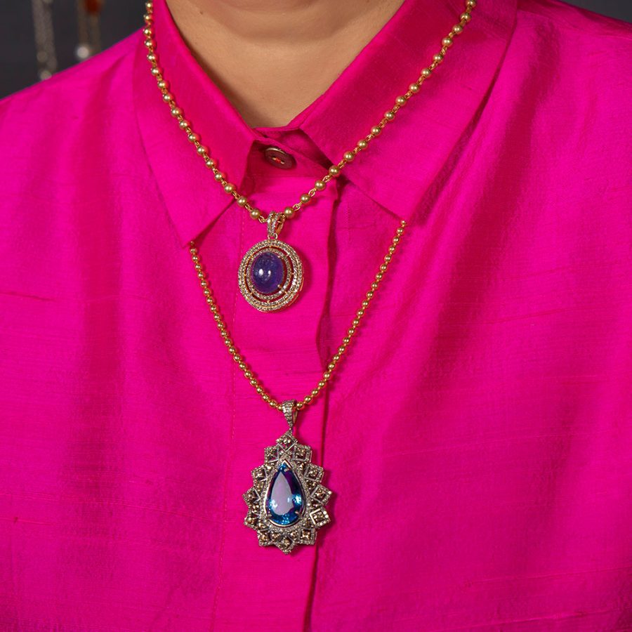 Geometric Blue Topaz & Diamond  Pendant