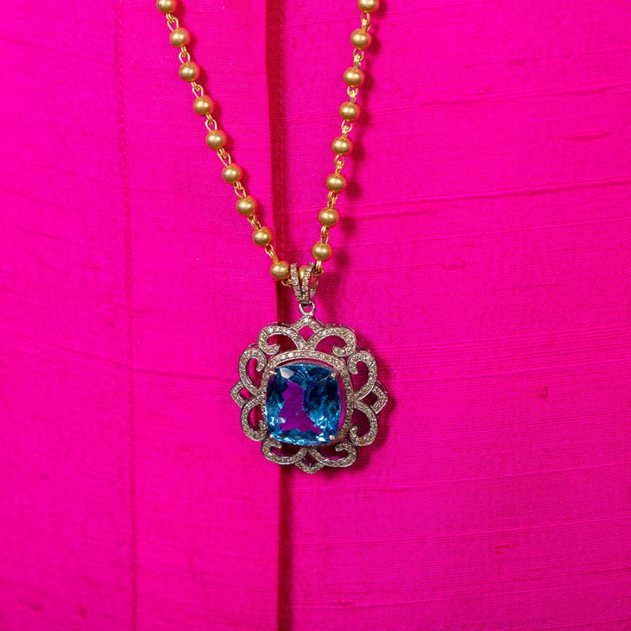 Geometric Blue Topaz & Diamond  Pendant