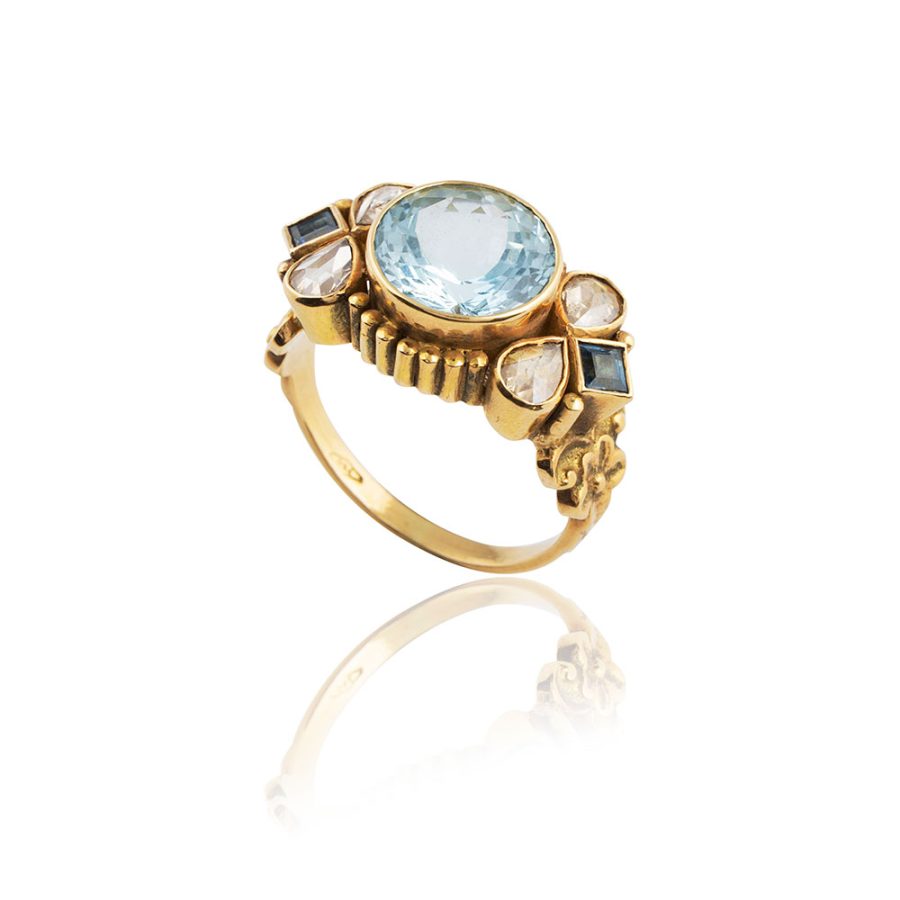 Heirloom 18kt Gold, Aquamarine, Sapphire, Diamond Ring