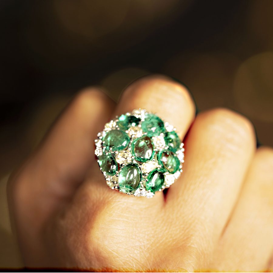 Heirloom Cabochon Emerald & Old Mine Cut Diamond Ring