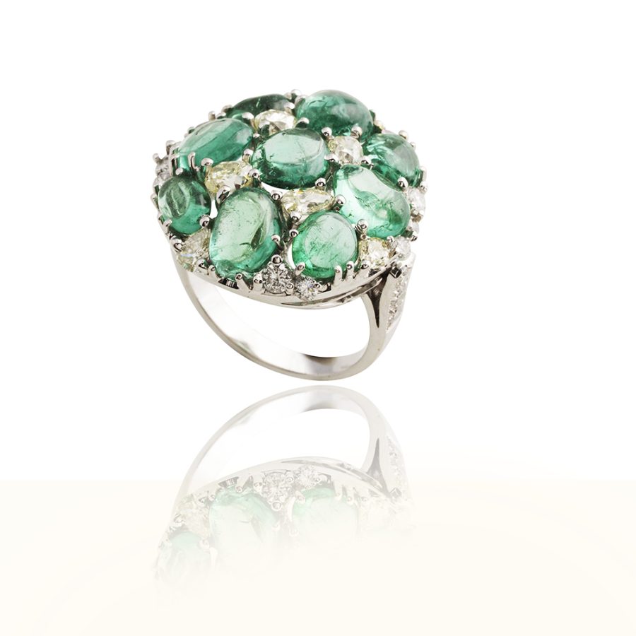 Heirloom Cabochon Emerald & Old Mine Cut Diamond Ring