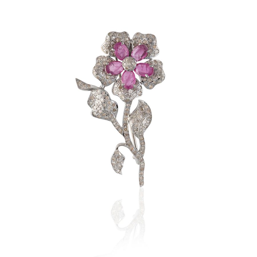Regal Floral Ruby & Diamond Brooch Pendant