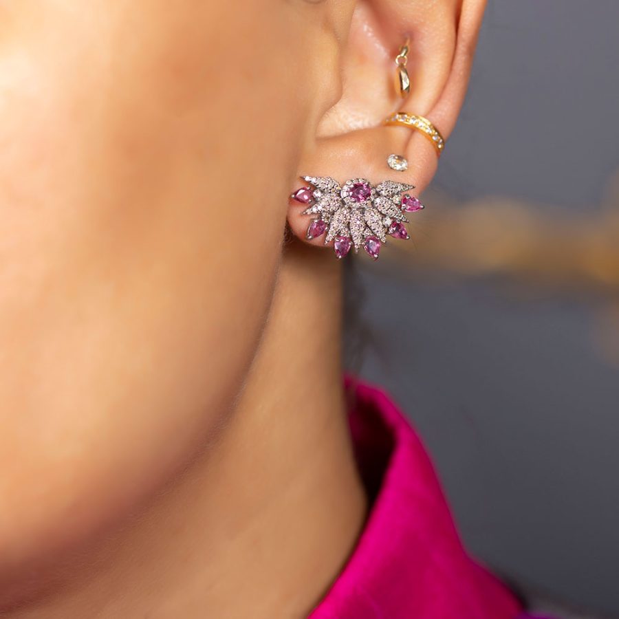 Ruby & Diamond Half Moon Earrings