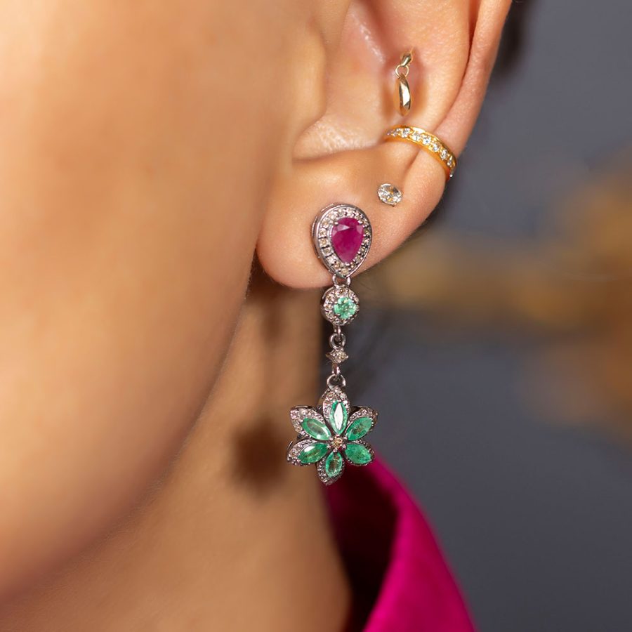 Simple Ruby & Emerald Flower Drop Earrings