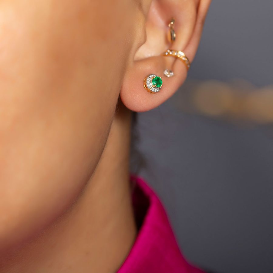 Simple Heirloom 18kt Gold Emerald & Diamond Stud Earrings