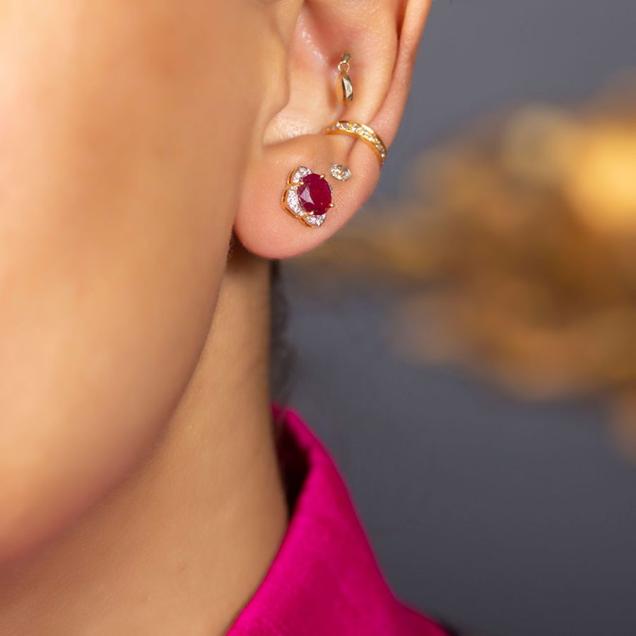 Simple Heirloom 18kt Gold Ruby & Diamond Stud Earrings