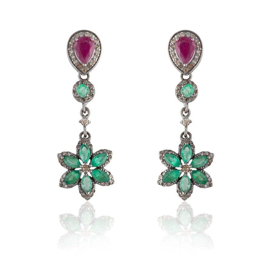 Simple Ruby & Emerald Flower Drop Earrings